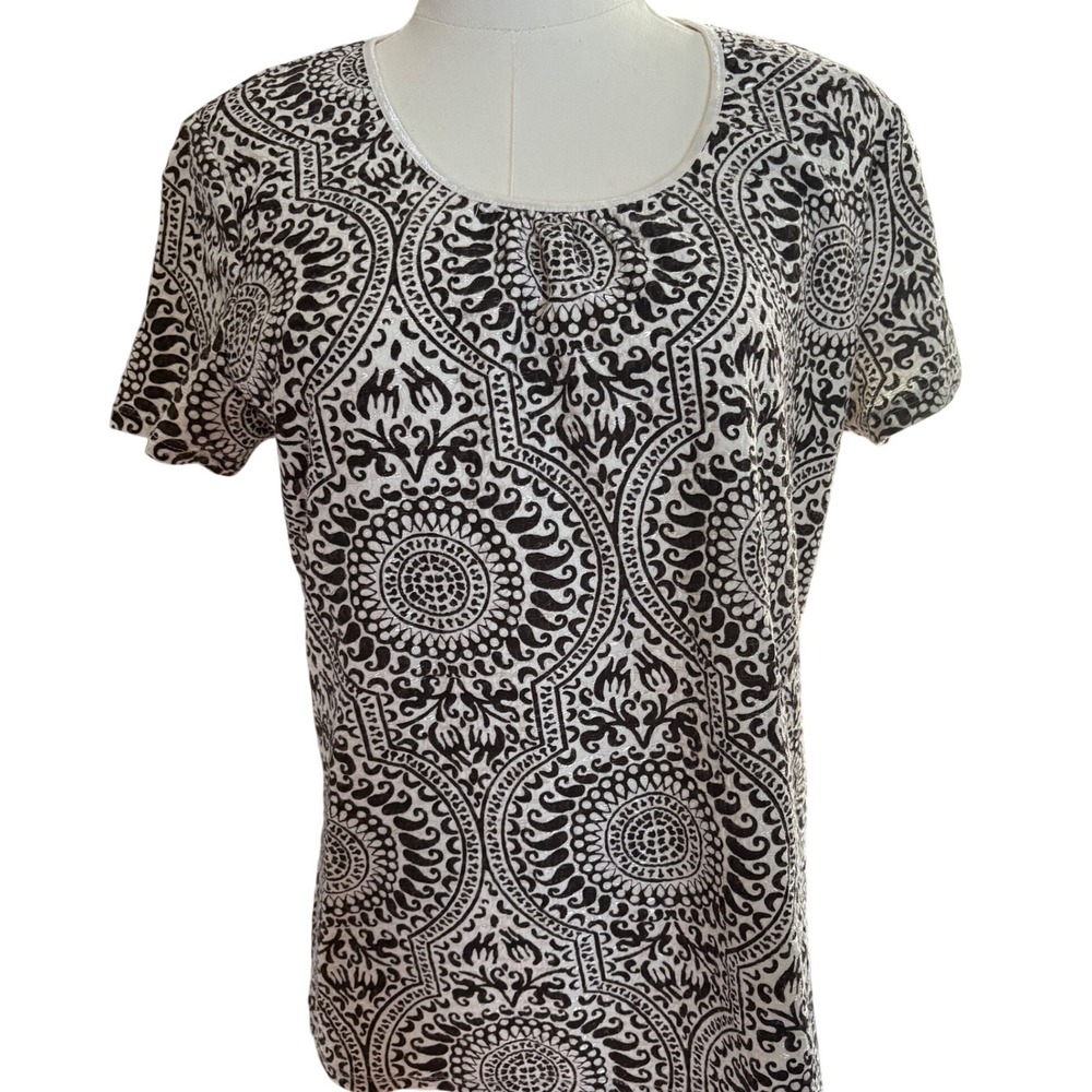 Jaclyn Smith Womens Black White Medallion Burnout Metallic Short Sleeve Top M